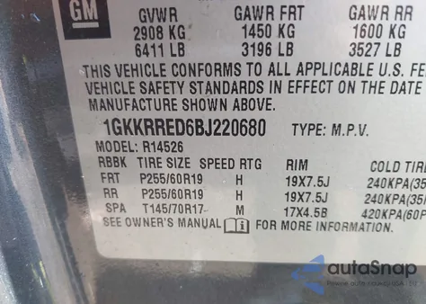 2011 GMC Acadia Slt-1 из США, поврежденный, VIN 1GKKRRED6BJ220680